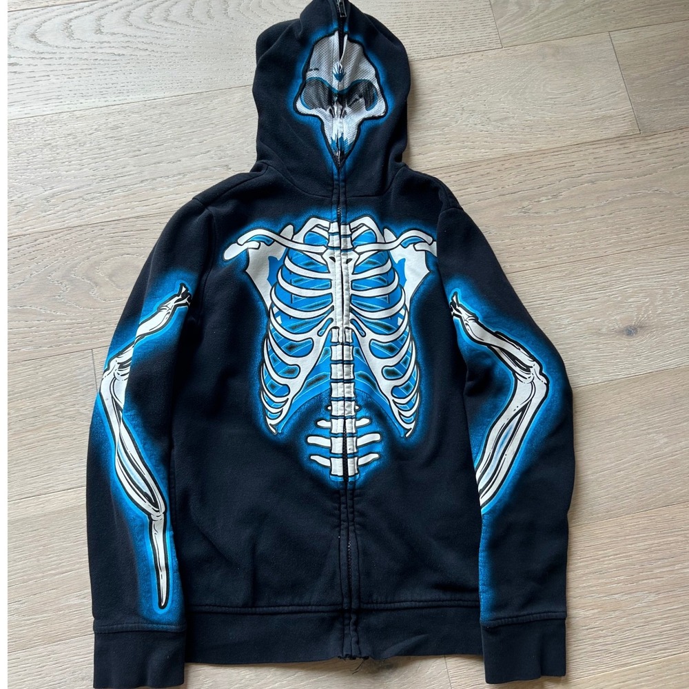 Tony Hawk Mens Black Blue Skeleton Full Zip Hooded Sweatshirt Mask Size M